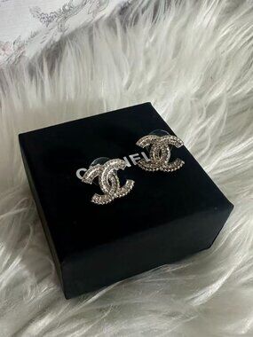 ✨ Chanel Crystal-Encrusted Double C Stud Earrings, Luxury Jewelry❤️